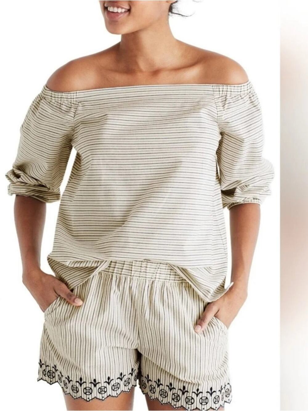 Madewell Jardin off the shoulder Cream and Blue Striped Top Large